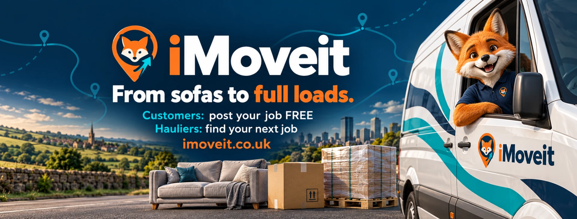 iMoveit. From sofas to full loads. Customers: post your job free. Hauliers: find your next job. Mo the fox in the branded van beside furniture, boxes and a pallet.